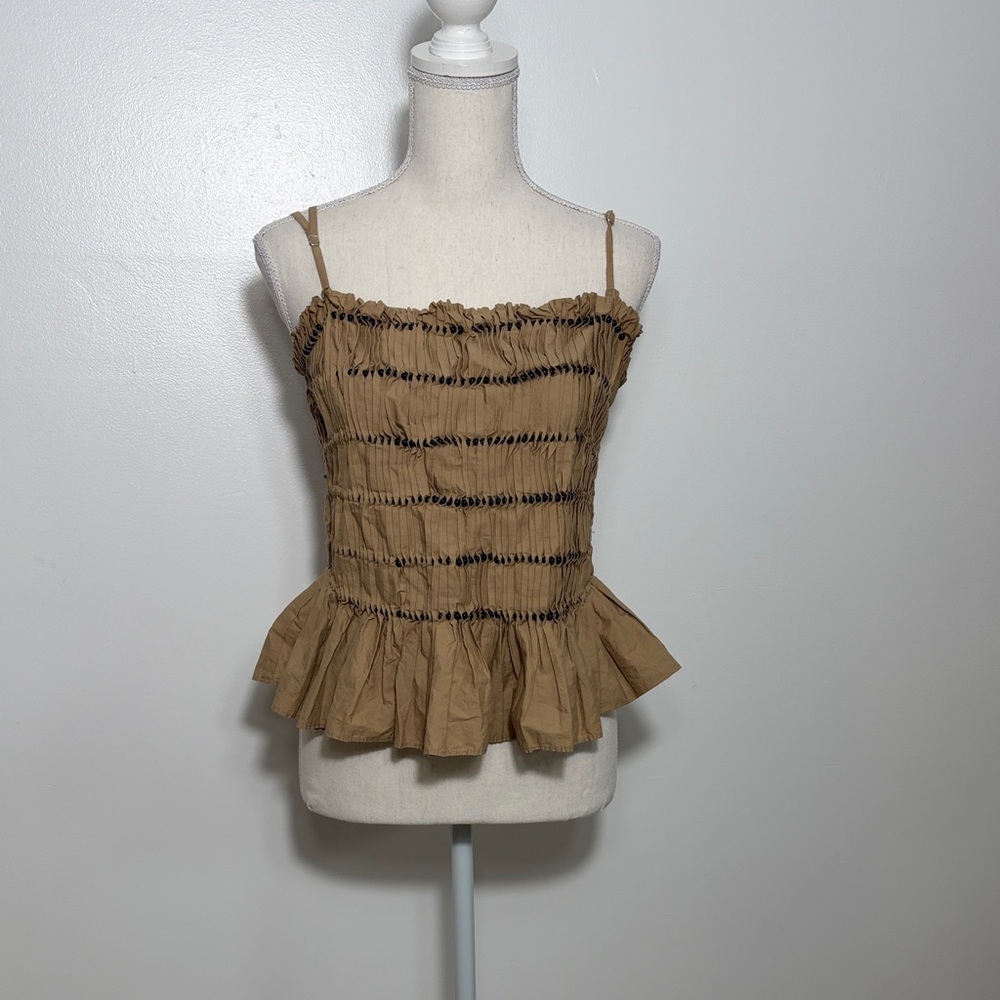 Zara Cotton Beaded Stylish Tan Ruffled Women's Top Large